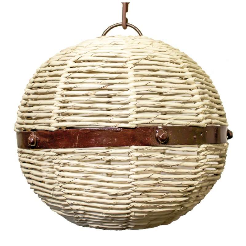 Handwoven palm and iron ring sphere pendant light with natural palm rope and metal frame