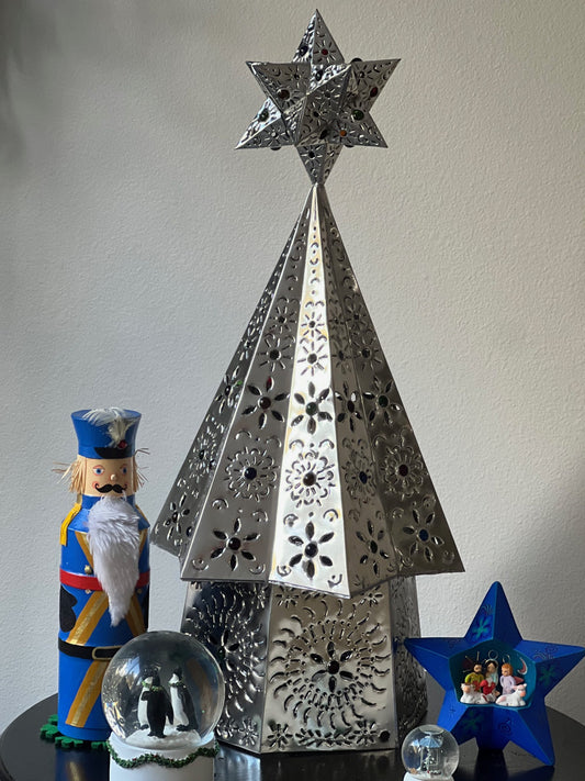 Beautiful Mexican Punched Silver Tin Christmas Tree 30in image 1