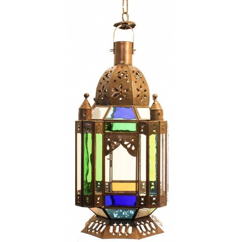 Farol Arabesca Pendant Lamp handcrafted Mexican lantern with punched tin and colorful stained glass panels.