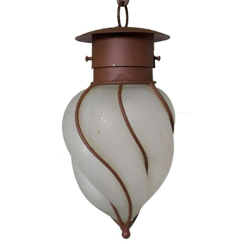 Frosted glass pendant lamp with wrought iron frame and spiral design, handcrafted in Tonalá, Mexico