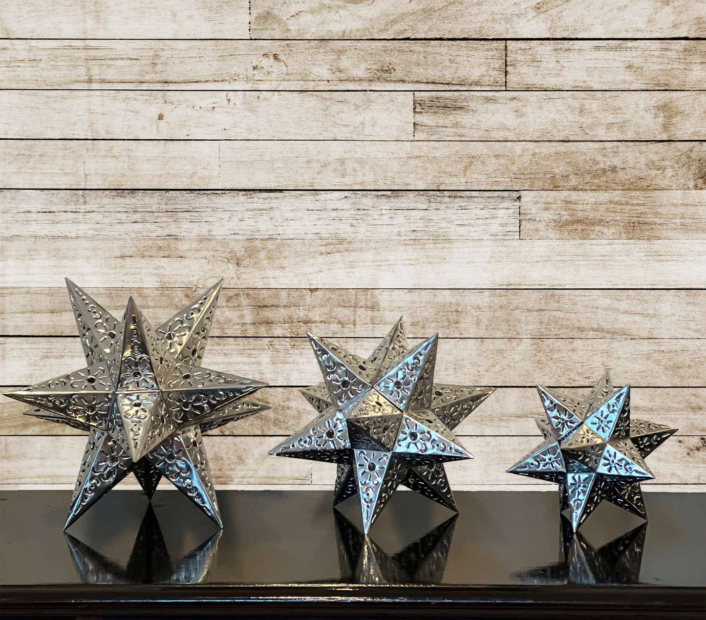 Beautiful Silver Tin Stars Table Set of 3. Sizes: 14", 11", 9". image 2