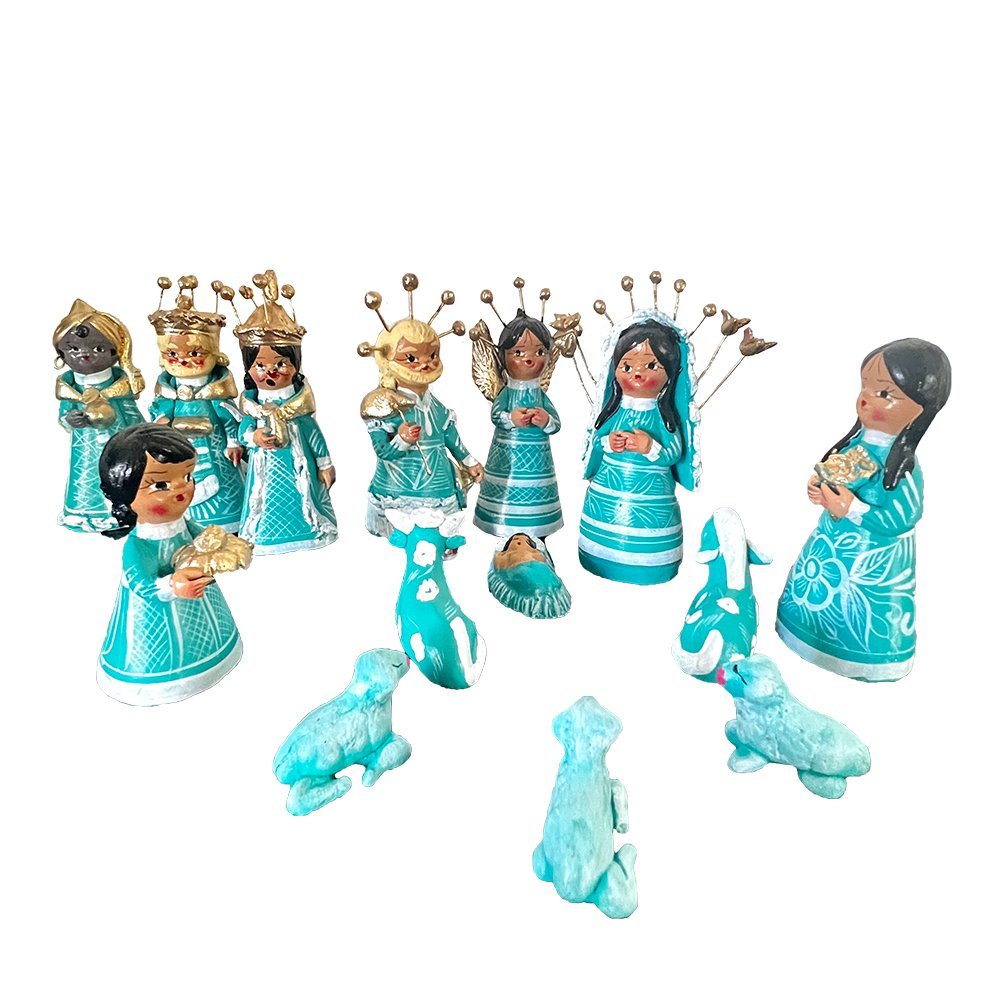 Beautiful 14 Pieces MED AQUA Mexican Religious Nativity Set 4 in image 0