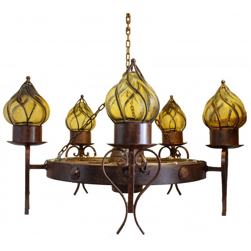Wagon Wheel Chandelier 5 Blown Glass Lights image 0