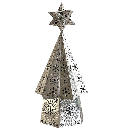 Beautiful Mexican Punched Silver Tin Christmas Tree 30in image 0