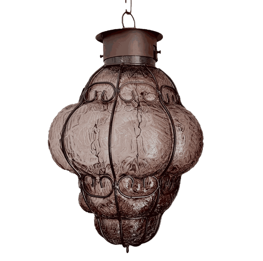 Blown glass pendant lamp with crackled finish and wrought iron frame handcrafted in Mexico