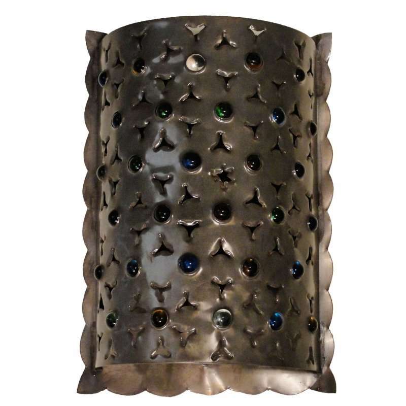Handcrafted Mexican punched tin sconce with colorful marbles and traditional design