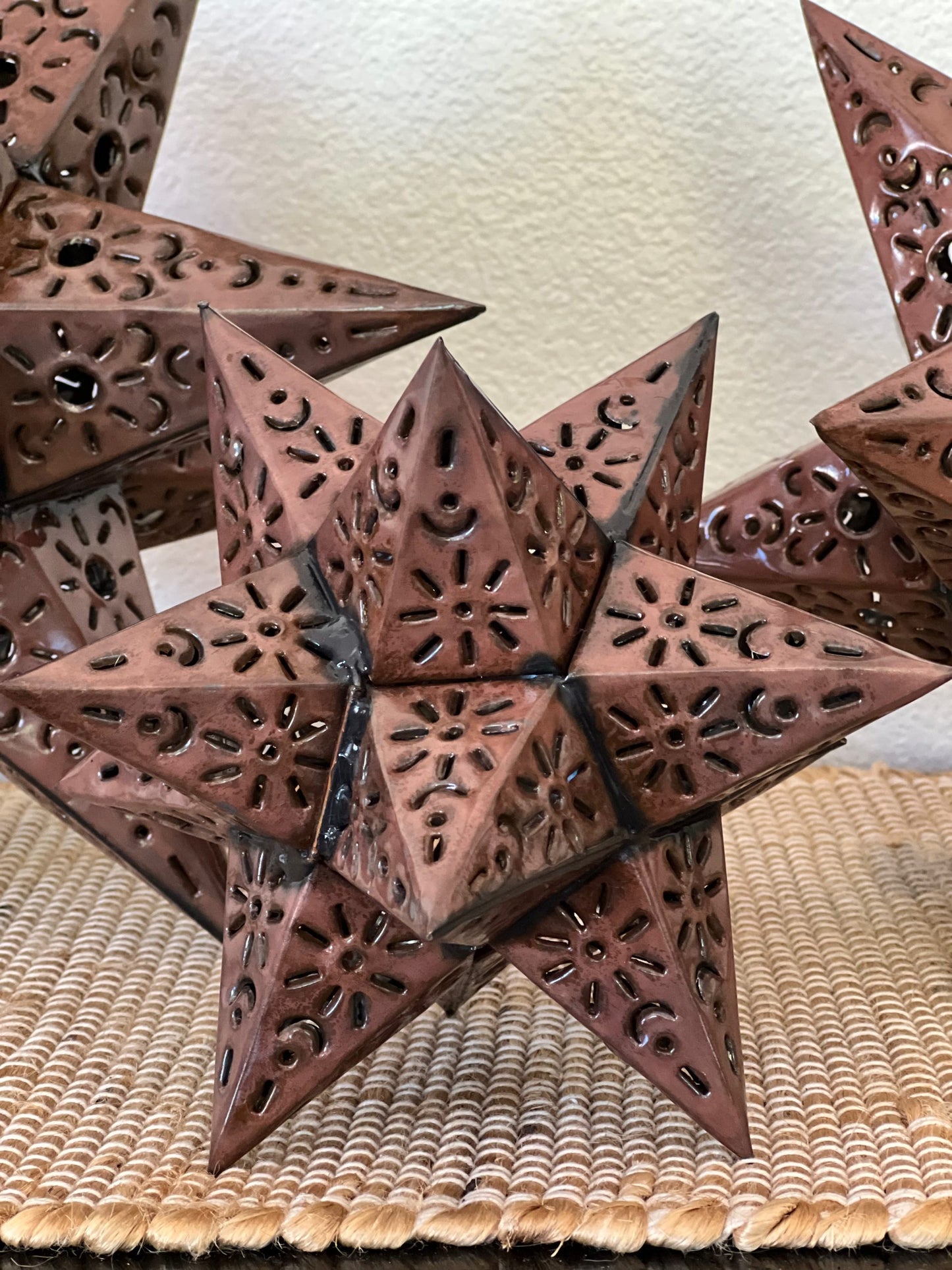 Beautiful Bronze Punched Tin Stars Table Set of 3 sizes: 14 in, 11 in, 9 in image 5