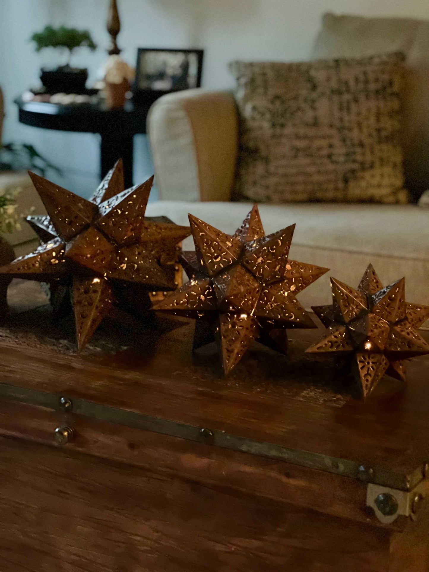 Beautiful Bronze Punched Tin Stars Table Set of 3 sizes: 14 in, 11 in, 9 in image 4