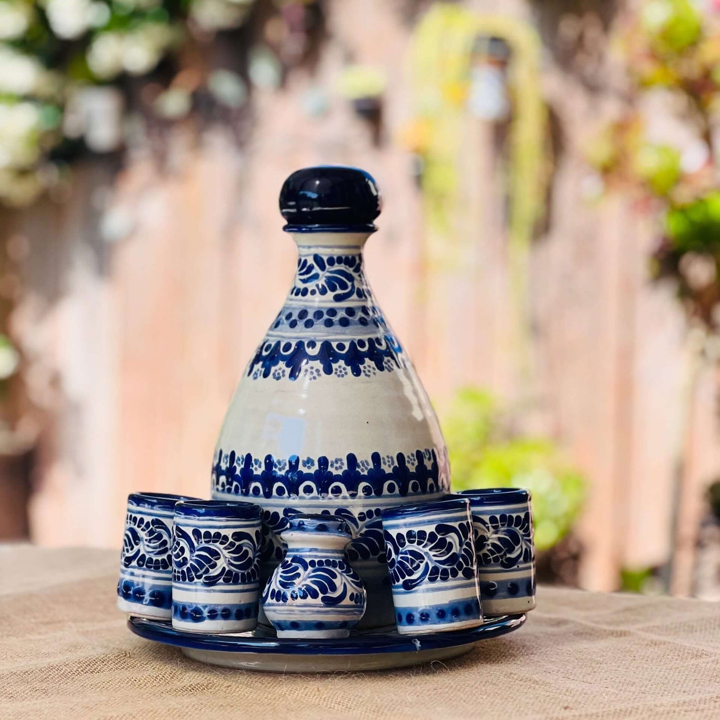 Beautiful Talavera Mezcal Set: Bottle, 4 Shooters, Salt Shaker, and Serving Tray - Blue image