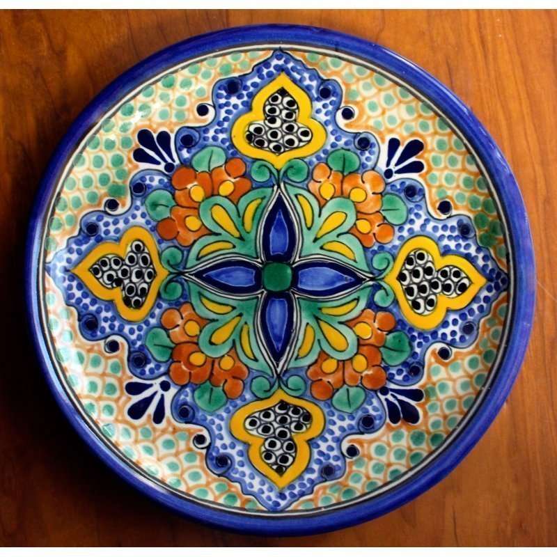 Hand-painted Talavera Plate D1 with vibrant floral and geometric patterns from La Corona workshop, Tlaxcala Mexico