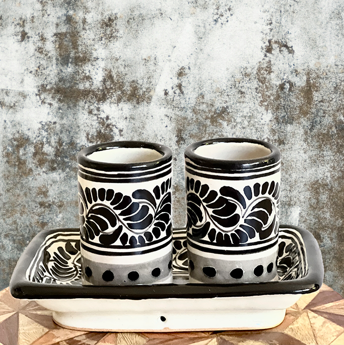 Beautiful Talavera tequileros- Mexican Talavera shot glass set of 2 and lime tray image 5