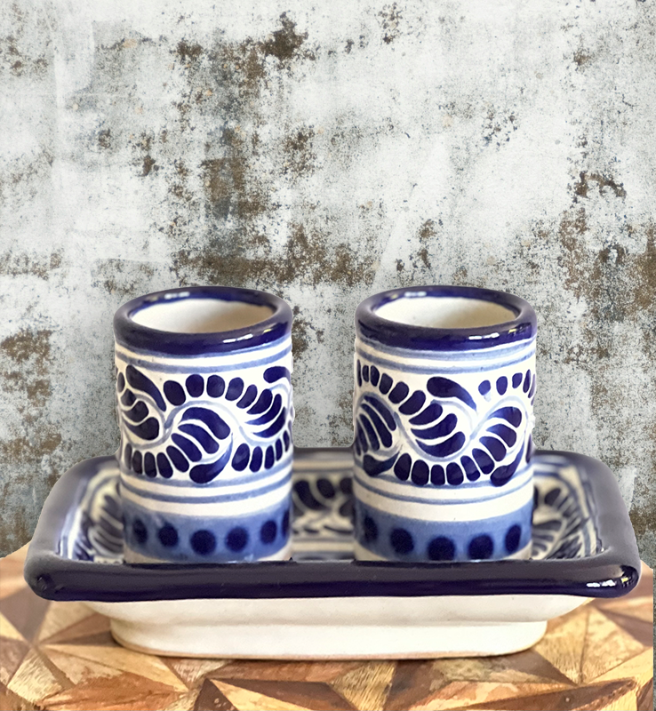 Beautiful Talavera tequileros- Mexican Talavera shot glass set of 2 and lime tray image 4