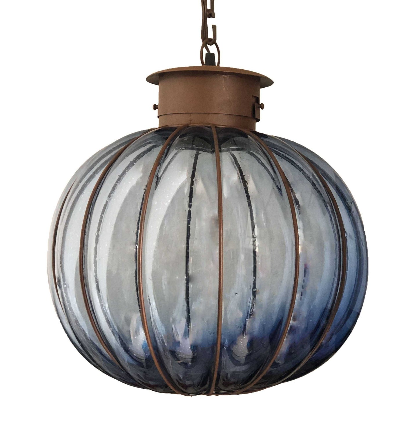 Calabaza-XL hand blown blue glass lamp with wrought iron, 14-inch Mexican lighting fixture
