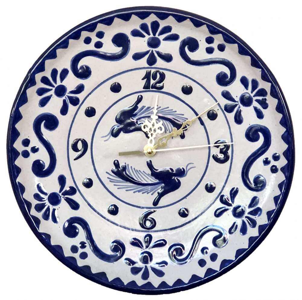 Hand-painted blue Talavera pottery clock with floral patterns, handcrafted in Tlaxcala, Mexico, 30 cm diameter.