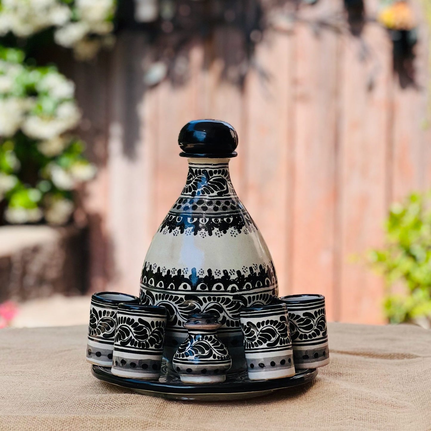 Beautiful Talavera Mezcal Set: Bottle, 4 Shooters, Salt Shaker, and Serving Tray - Black image