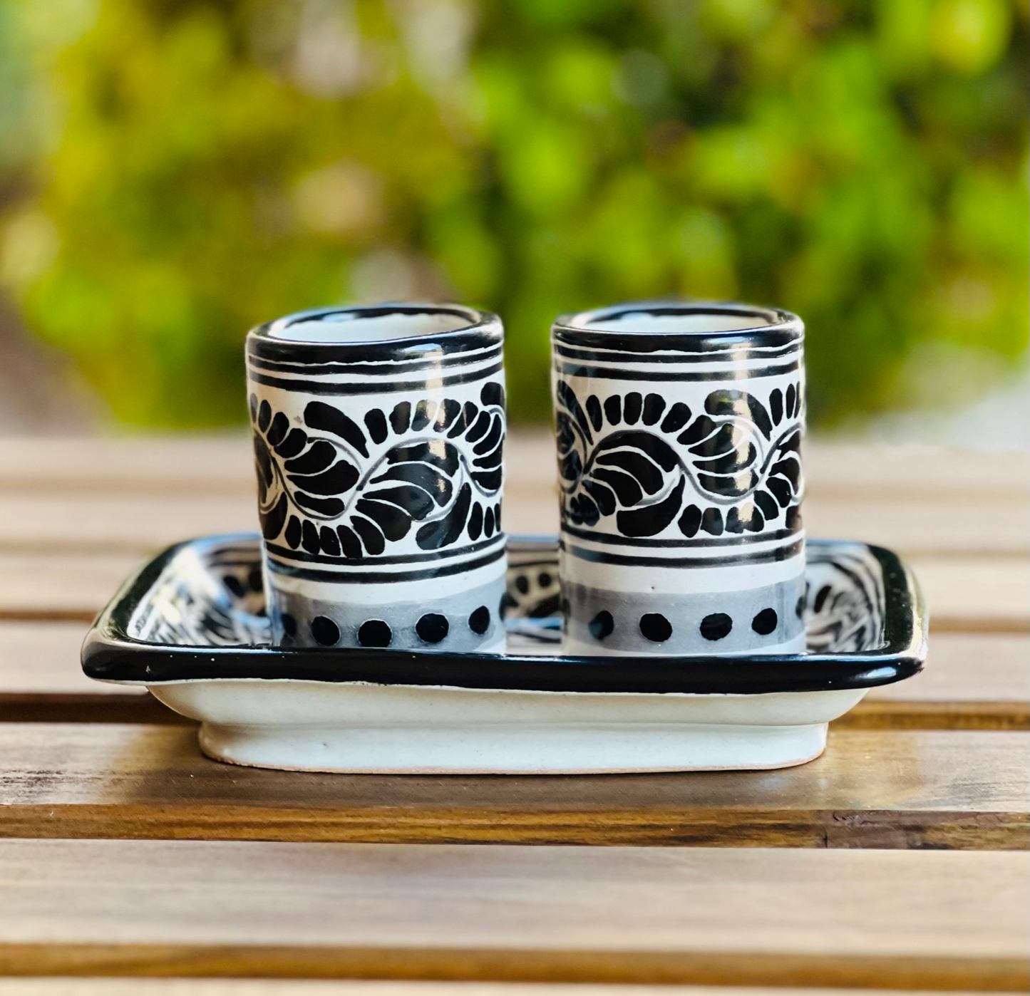 Beautiful Talavera tequileros- Mexican Talavera shot glass set of 2 and lime tray image 2