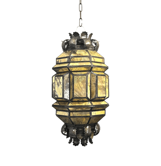 Almendra Pendant Lamp – Punched Tin & Old Mirror Glass, handcrafted lantern with etched glass panels.
