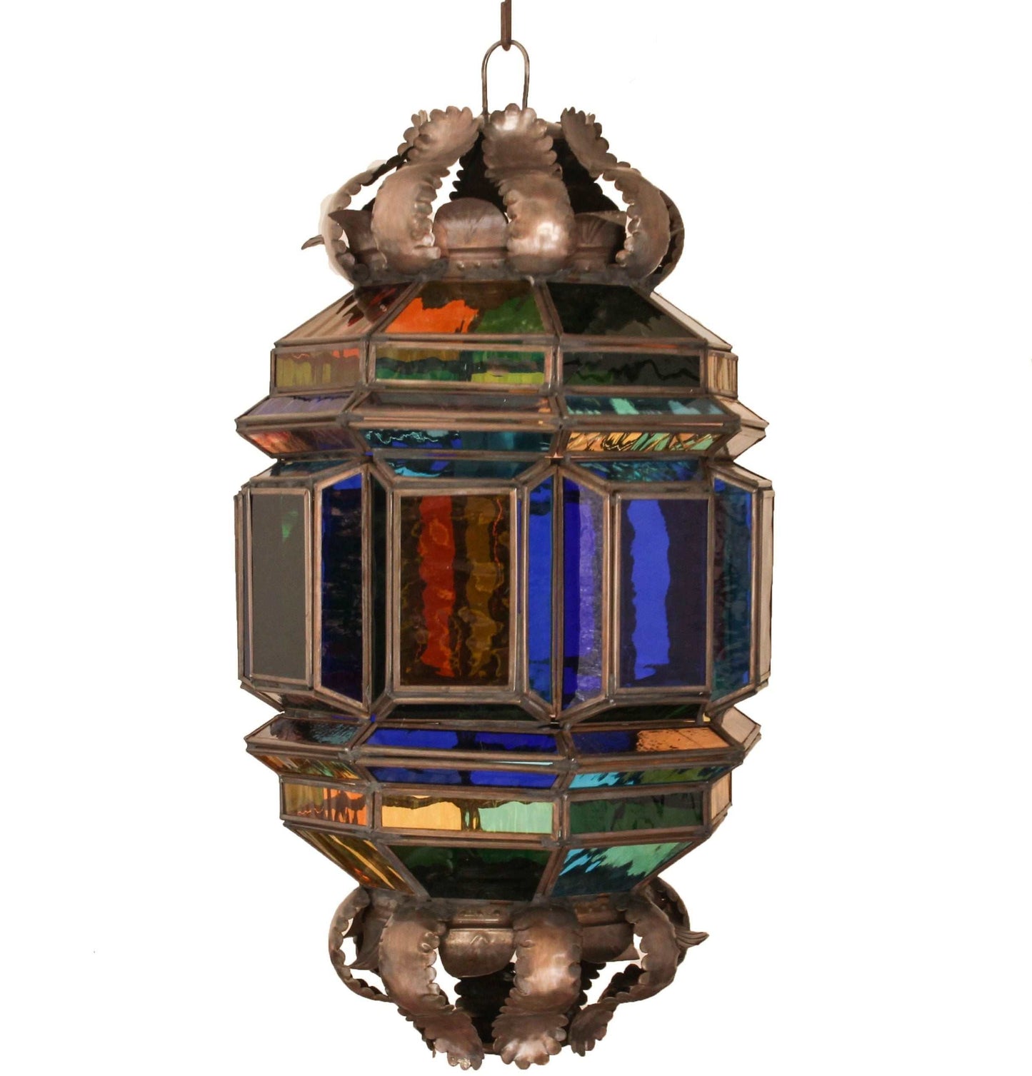 Almendra Pendant Lamp handcrafted stained glass lantern with punched tin frame in vibrant colors