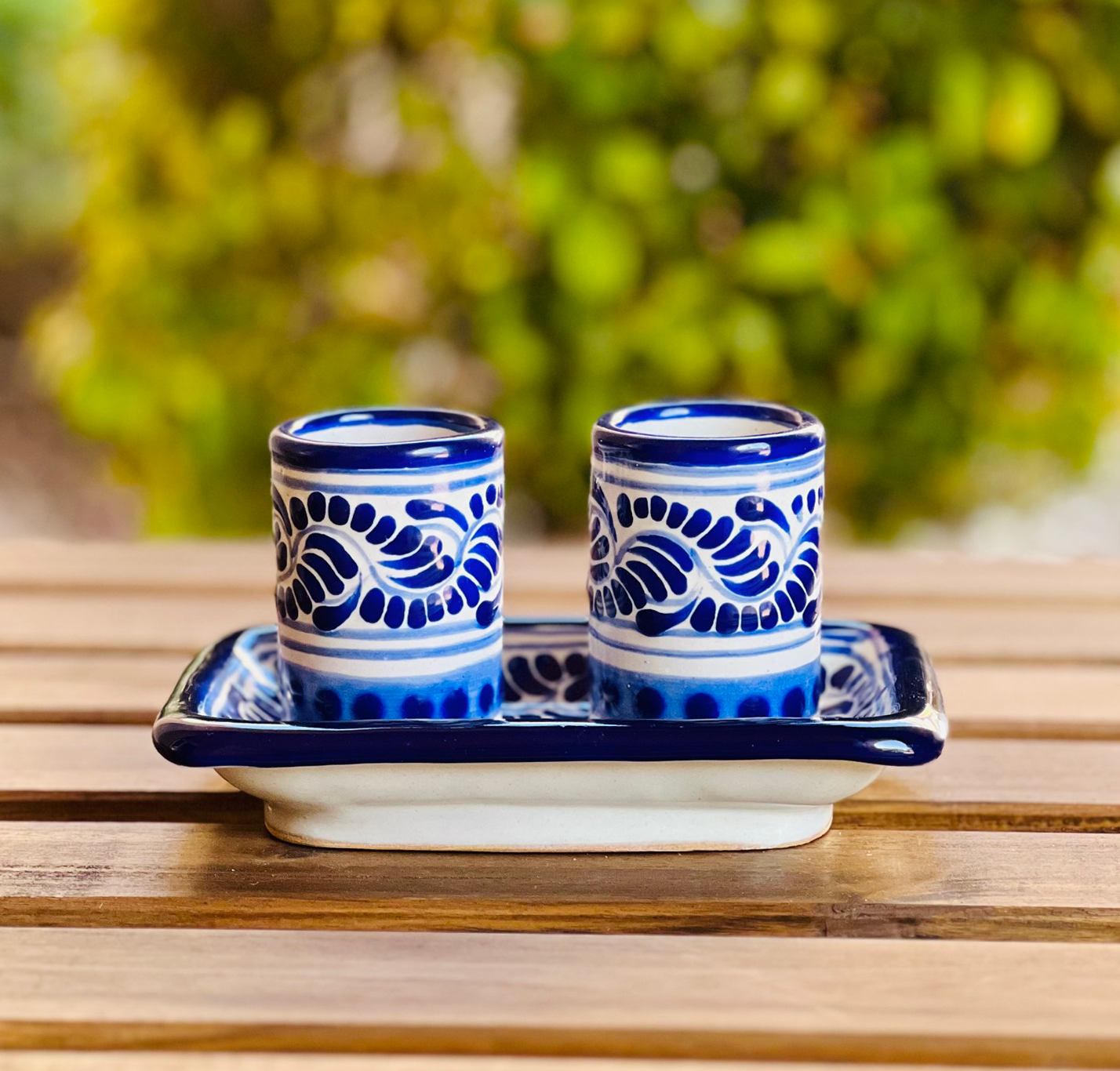Beautiful Talavera tequileros- Mexican Talavera shot glass set of 2 and lime tray - Blue image