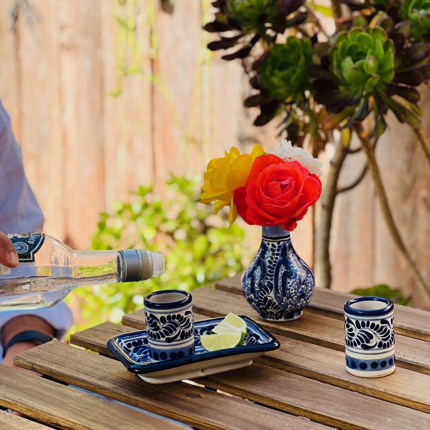 Beautiful Talavera tequileros- Mexican Talavera shot glass set of 2 and lime tray image 1