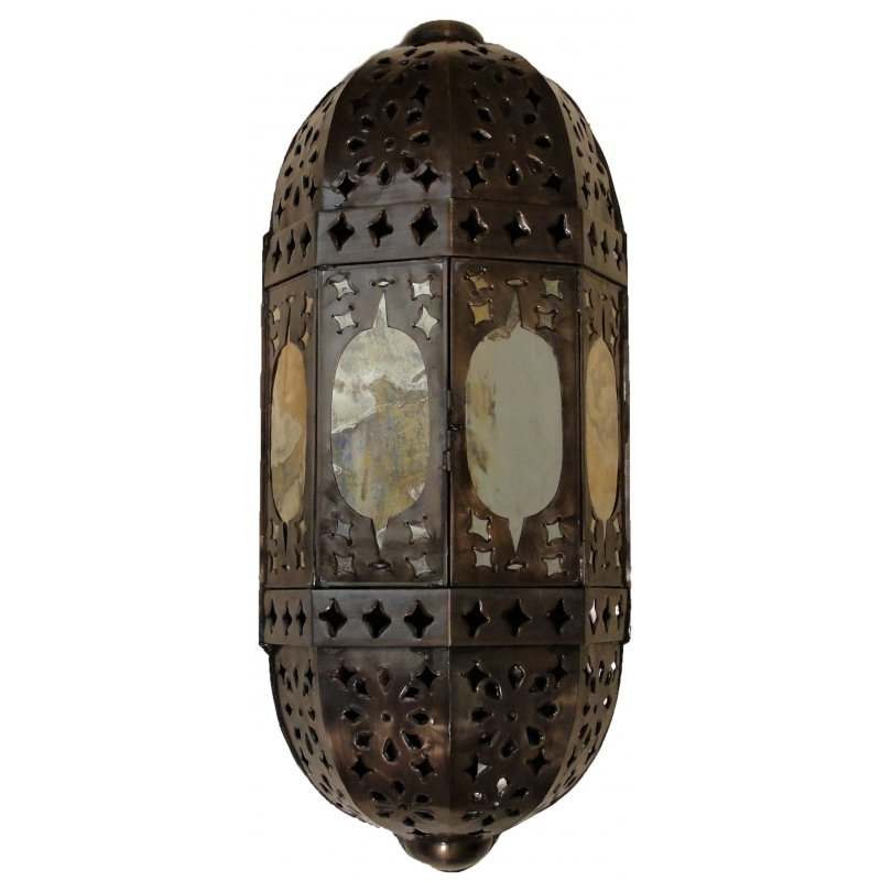 Hexagonal tin and glass sconce with punched tin design and aged glass panels handcrafted in Mexico