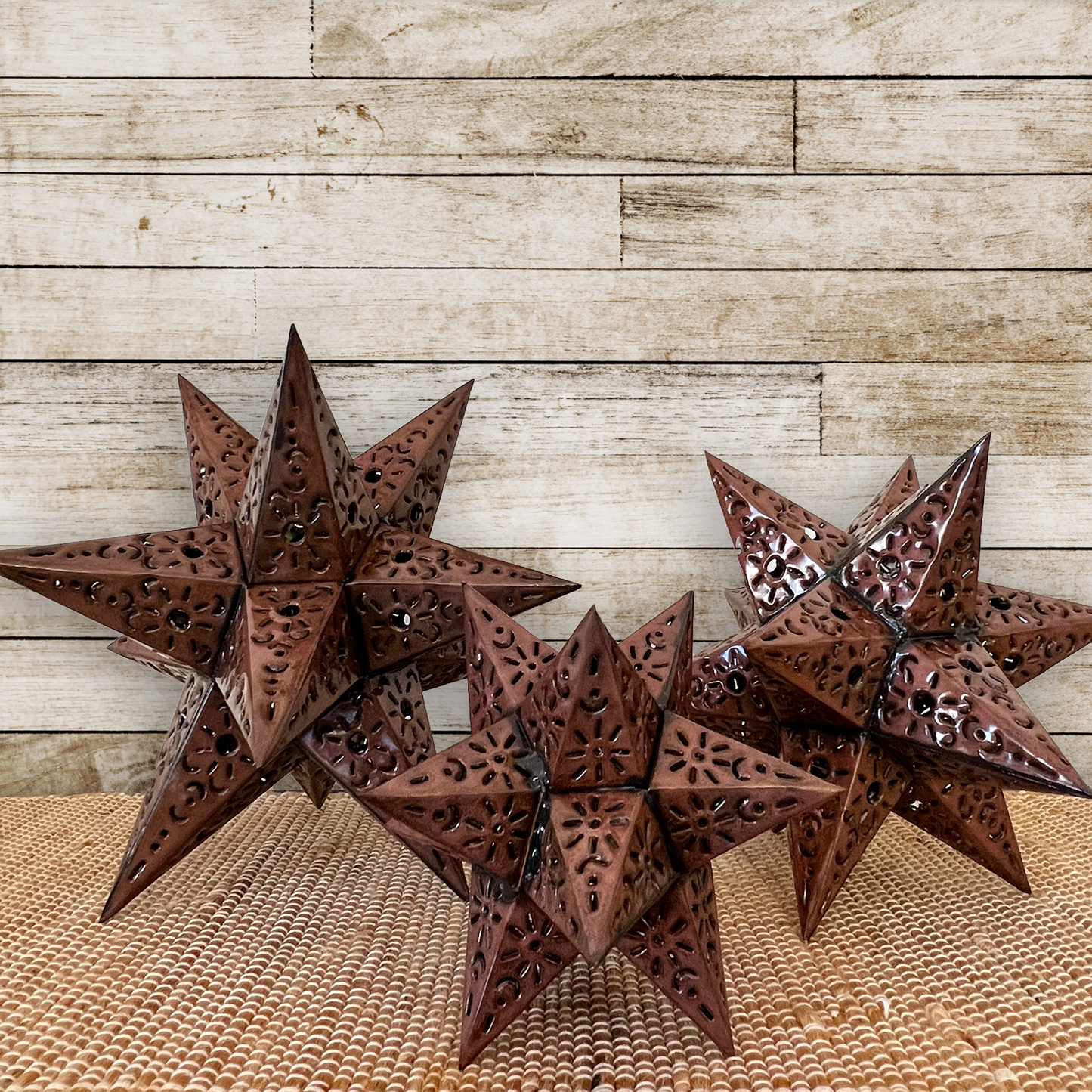 Beautiful Bronze Punched Tin Stars Table Set of 3 sizes: 14 in, 11 in, 9 in image 1
