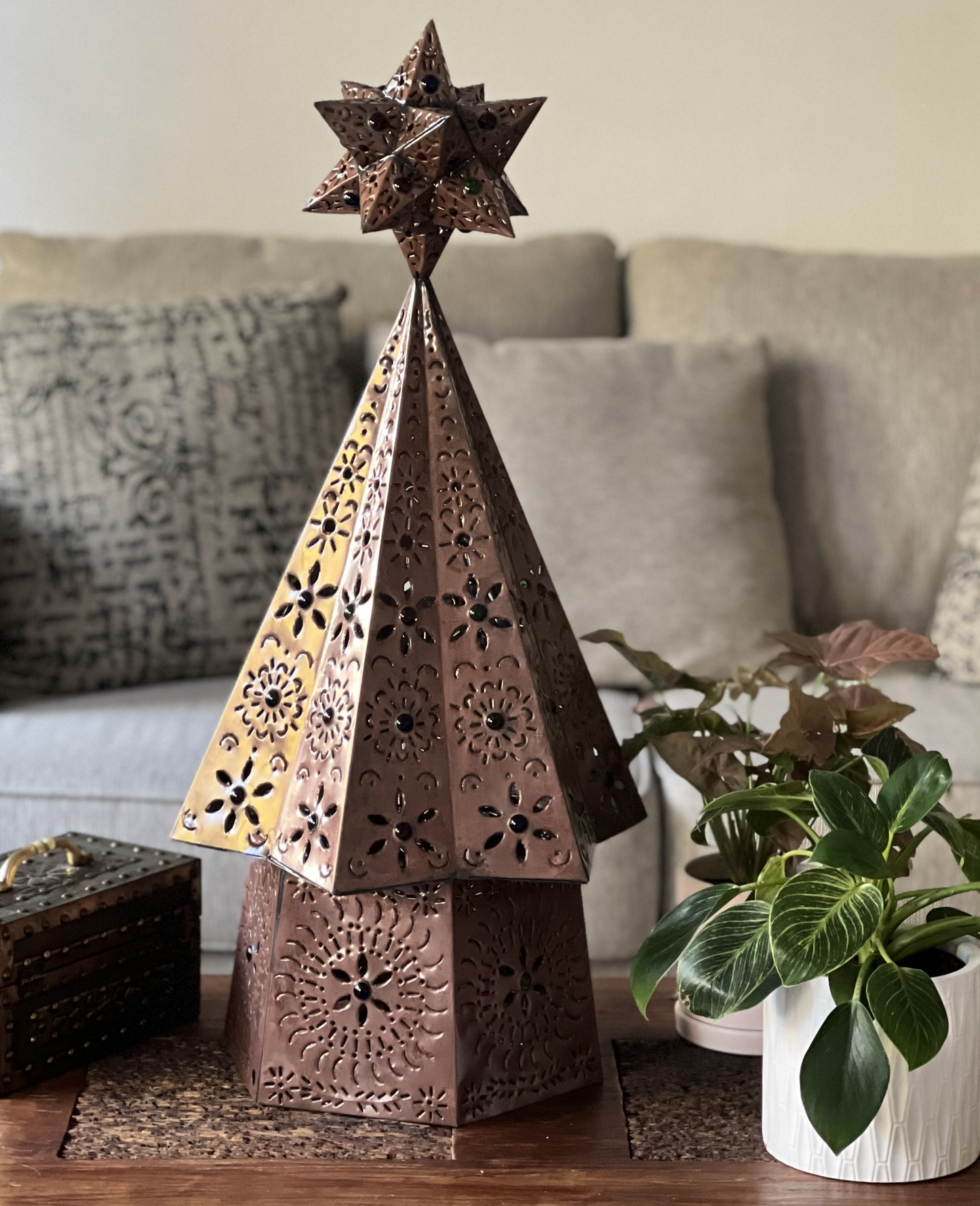 Beautiful Bronze Mexican Punched Tin Christmas Tree 30in image 2