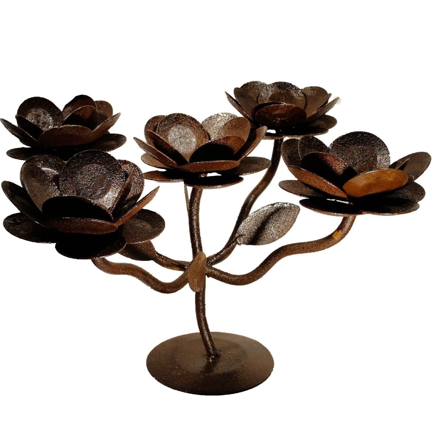 Rustic handcrafted iron Flor Candle Holder with floral design and brown finish