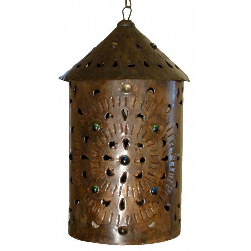 Cilindro Hanging Lamp handcrafted punched tin with colorful marbles Mexican artisan lantern