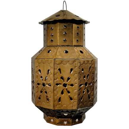 Octagon punched tin hanging lamp with handcrafted Mexican design and warm rustic illumination