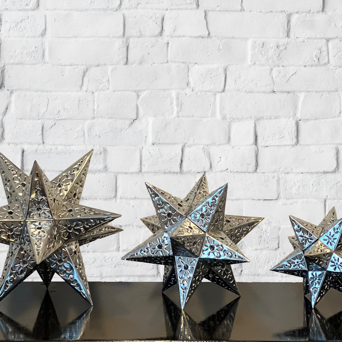 Beautiful Silver Tin Stars Table Set of 3. Sizes: 14", 11", 9". image 1