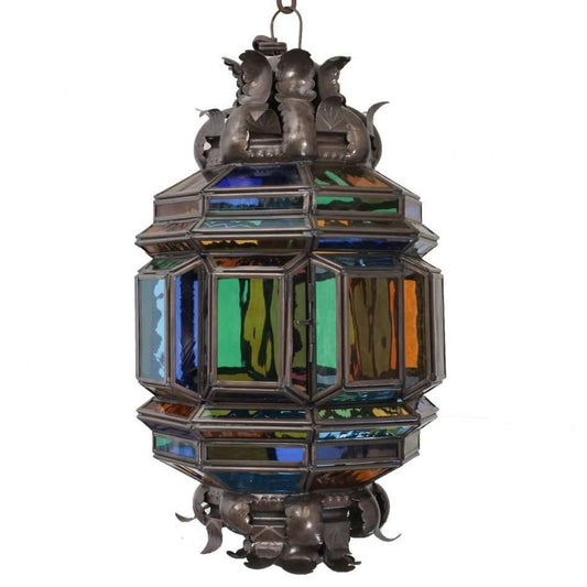 Almendra Pendant Lamp handcrafted Mexican punched tin and stained glass lantern with colorful etched panes