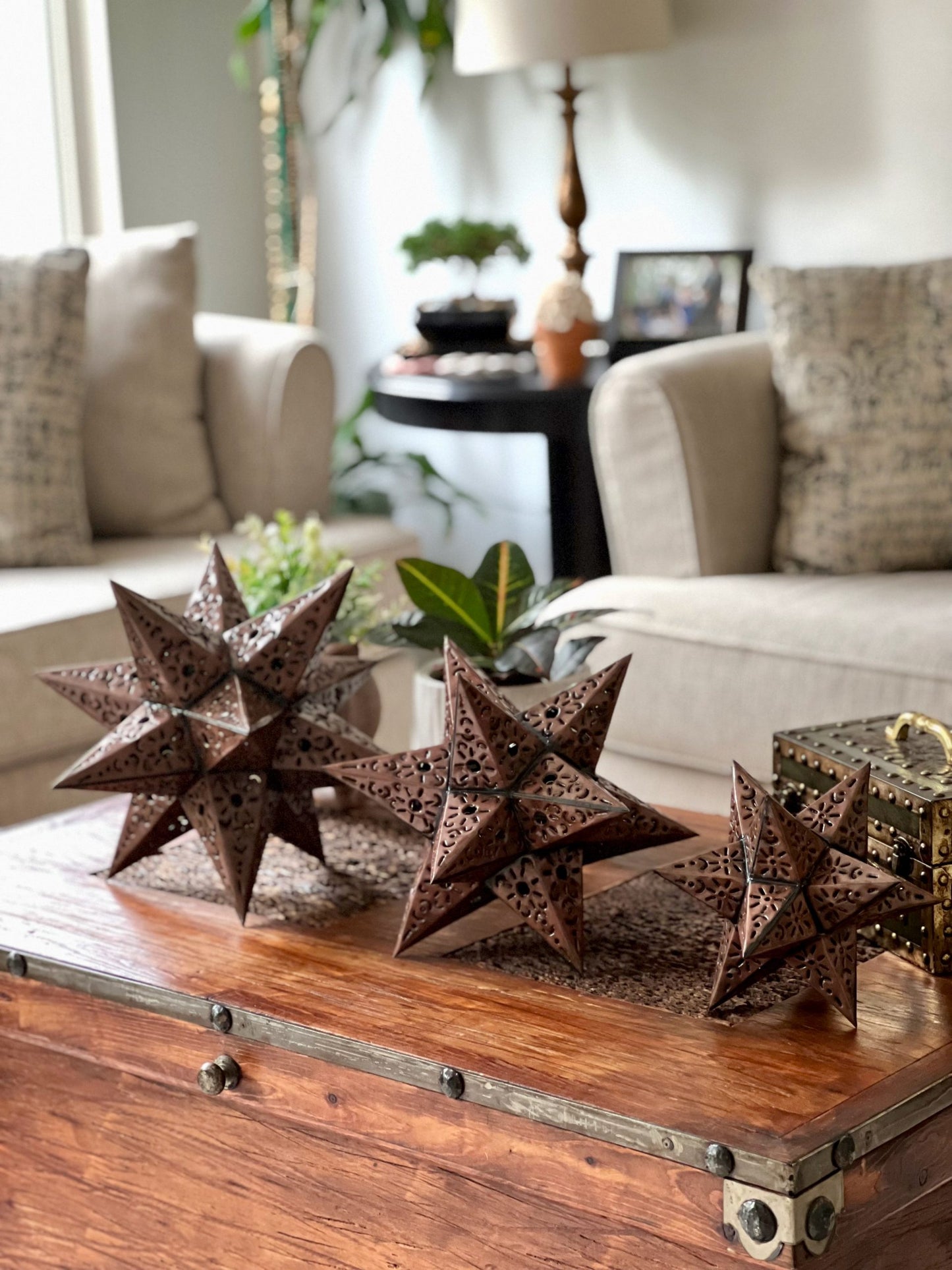 Beautiful Bronze Punched Tin Stars Table Set of 3 sizes: 14 in, 11 in, 9 in image 3