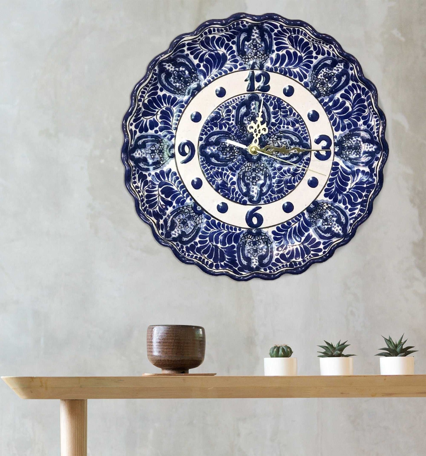Blue Talavera wall clock hand-painted Mexican pottery 30 cm handcrafted from La Corona workshop