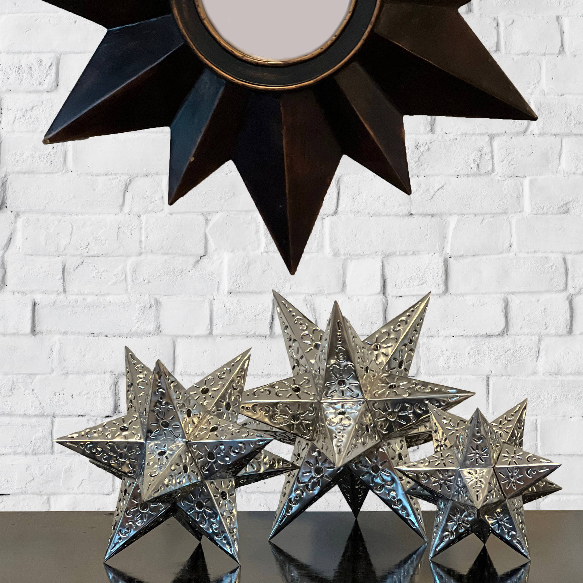 Beautiful Silver Tin Stars Table Set of 3.  Sizes: 14", 11", 9". image 0
