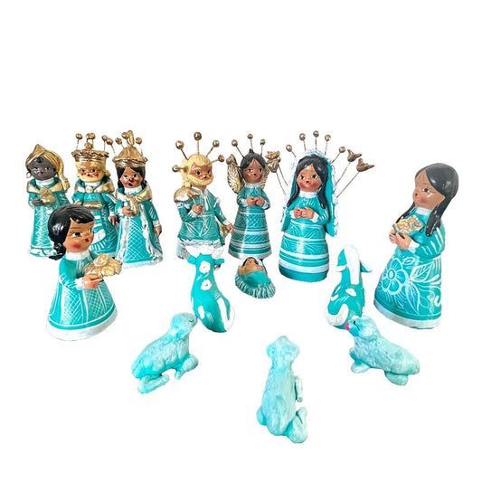 Beautiful 14 Pieces MED AQUA Mexican Religious Nativity Set 4 in image 0