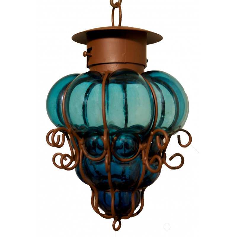 Mexican wrought iron blown glass lamp with turquoise hand-blown glass and intricate ironwork design