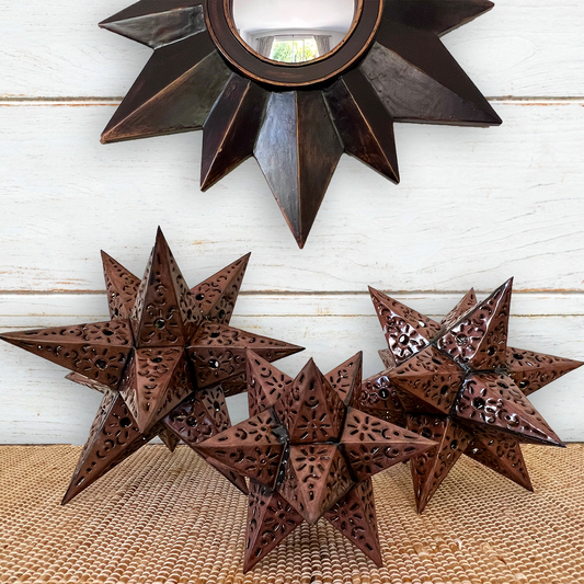 Beautiful Bronze Punched Tin Stars Table Set of 3 sizes: 14 in, 11 in, 9 in image 0