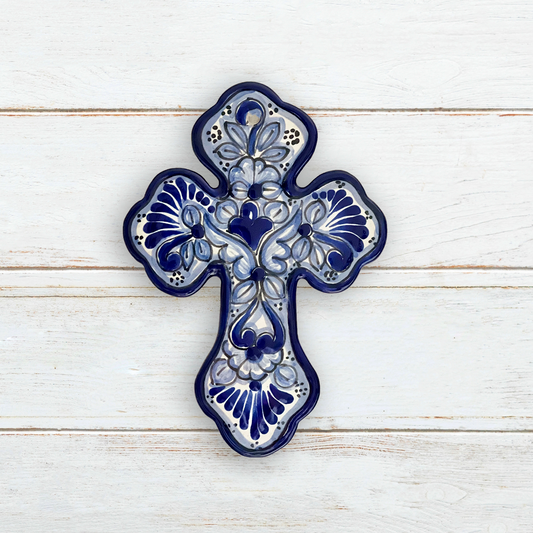 Authentic Blue Mexican Talavera Cross- 8 1/4"-Original Blue Talavera Cross image 0