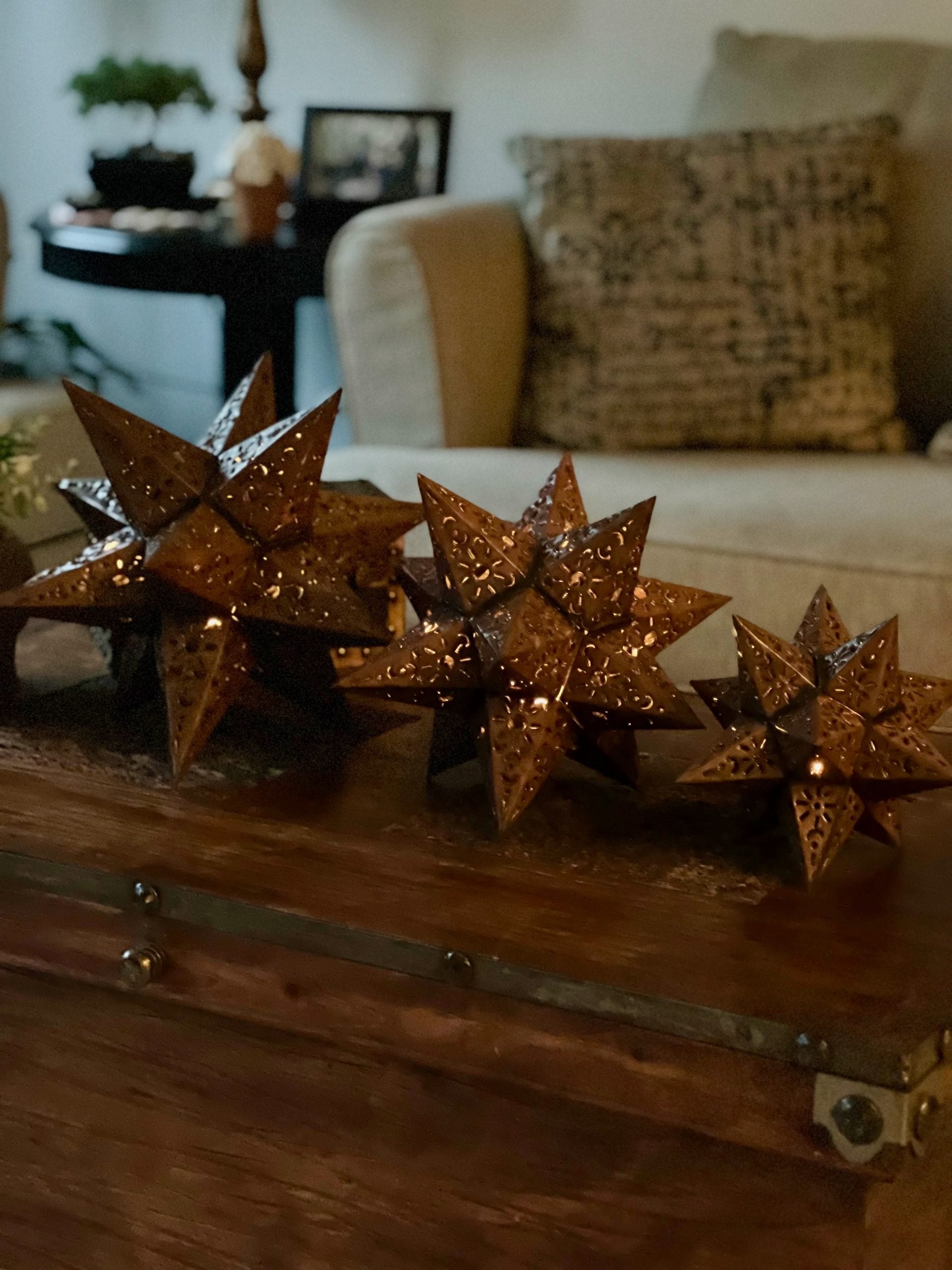 Beautiful Bronze Punched Tin Stars Table Set of 3 sizes: 14 in, 11 in, 9 in image 4
