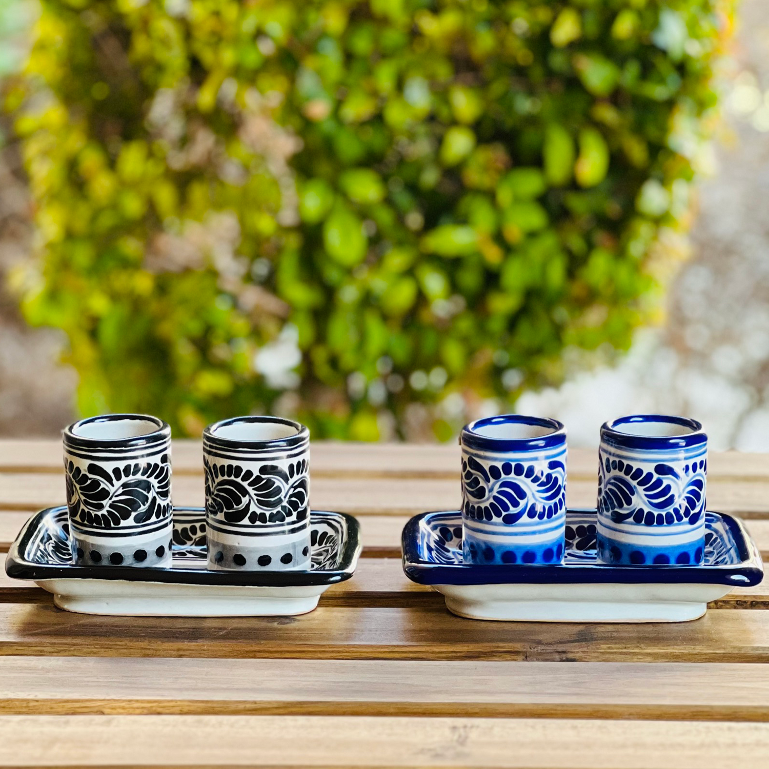 Beautiful Talavera tequileros- Mexican Talavera shot glass set of 2 and lime tray image 0