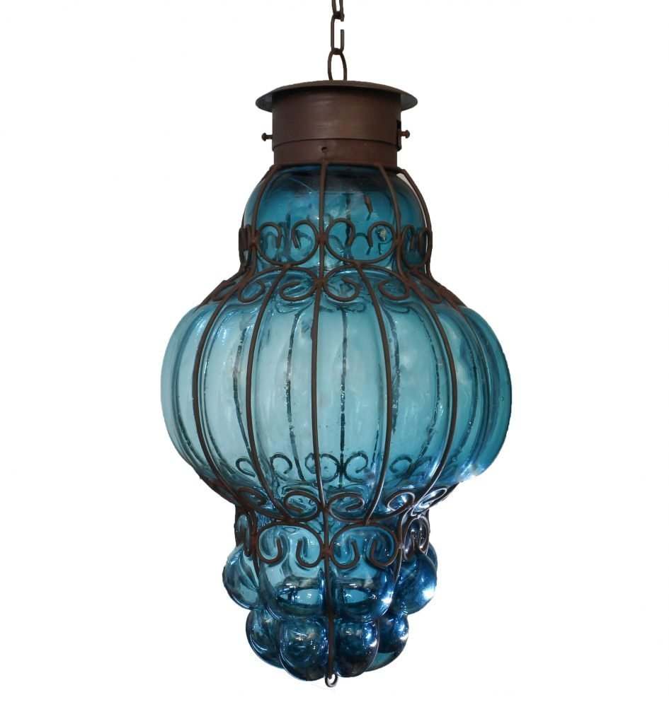 Blue blown glass pendant lamp with rustic metal frame and hanging chain