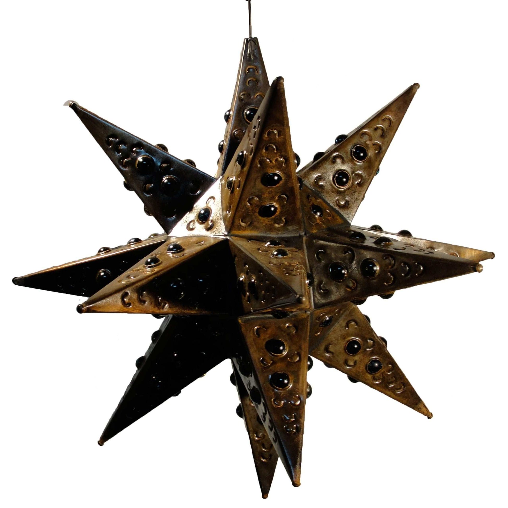 Bronze tin hanging star with double multicolor marbles, handcrafted Mexican rustic decor lighting