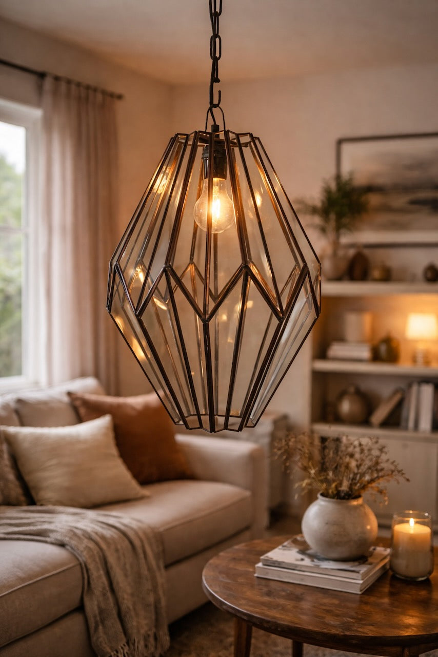 Geometric pendant light hanging in a cozy living room with a couch and table.